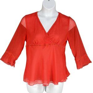 Y2K 90s Babydoll Top Womens L Red Chiffon Blouse 3/4 Bell Sleeve Sheer Ruffle
